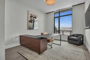 Home office featuring a mountain view and hardwood / wood-style floors