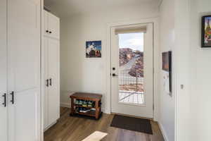 Doorway to outside featuring dark hardwood / wood-style floors