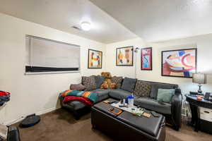 Living room with carpet floors and a textured ceiling