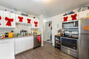 Kitchen featuring stainless steel appliances, dark wood-type flooring, sink, dark stone countertops, and white cabinets