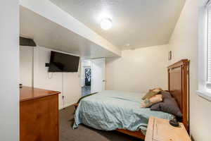 Carpeted bedroom featuring a textured ceiling