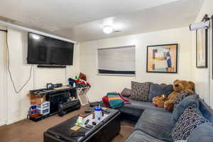 Carpeted living room with a textured ceiling