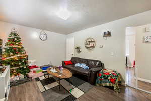 Living room with dark hardwood / wood-style flooring and a textured ceiling