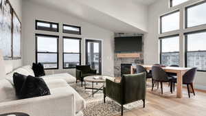 Living room with a fireplace, light hardwood / wood-style floors, and plenty of natural light