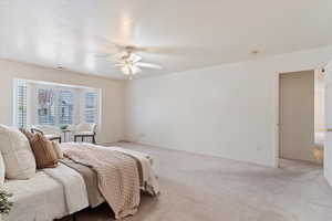 Carpeted bedroom with ceiling fan