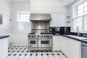 Kitchen with appliances with stainless steel finishes, extractor fan, a healthy amount of sunlight, sink, and white cabinets