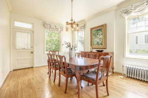 Dining space featuring a chandelier, light hardwood / wood-style floors, radiator, and crown molding