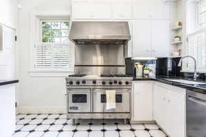 Kitchen with tasteful backsplash, stainless steel appliances, sink, exhaust hood, and white cabinets