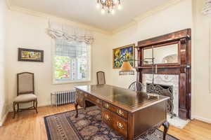 Office area with radiator heating unit, crown molding, and light hardwood / wood-style flooring