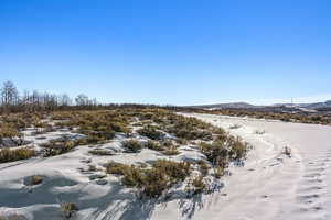 Snowy aerial view featuring a mountain view