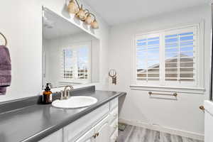 Bathroom with vanity, hardwood / wood-style flooring, and a healthy amount of sunlight