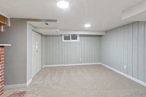 Basement featuring light colored carpet