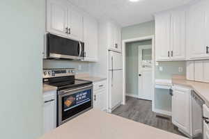 Kitchen featuring white cabinets, stainless steel appliances, and light hardwood / wood-style flooring