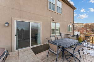 View of patio with a mountain view