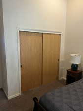 Carpeted bedroom with a closet