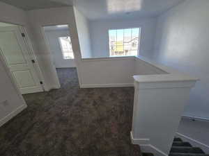 Hall with dark carpet and plenty of natural light