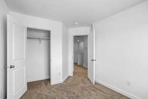 Unfurnished bedroom featuring a textured ceiling, carpet floors, and a closet