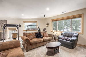 Living room with carpet flooring and a wealth of natural light