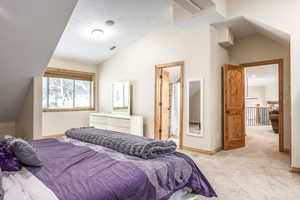 Carpeted bedroom with vaulted ceiling