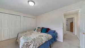 Carpeted bedroom with two closets