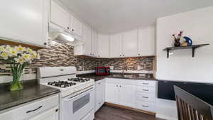 Kitchen with white appliances, sink, dark hardwood / wood-style floors, tasteful backsplash, and white cabinetry