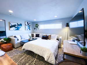 Downstairs Living Room with extended Queen Sized Hide-a-bed with hardwood / wood-style floors