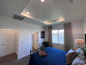 Carpeted bedroom featuring a tray ceiling