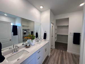 Bathroom with hardwood / wood-style floors and vanity