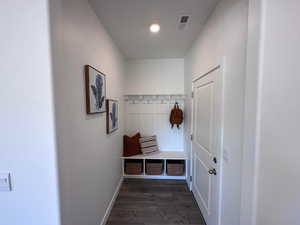 Mudroom with dark hardwood / wood-style floors