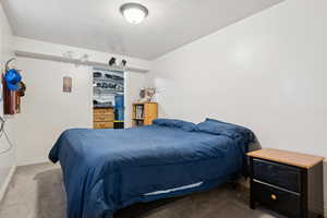 Carpeted bedroom with a textured ceiling