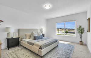 Bedroom with light colored carpet