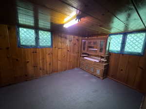 Bonus room featuring carpet flooring, wood ceiling, and wooden walls