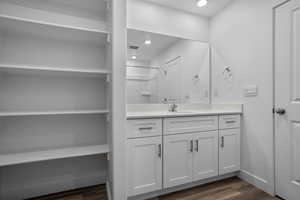 Bathroom with hardwood / wood-style floors and vanity