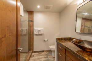 Bathroom with a tile shower, vanity, and toilet