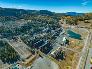 Aerial view featuring a water and mountain view