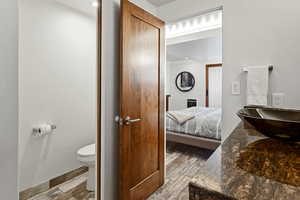 Ensuite bathroom with a sink, wood finished floors, toilet, and connected bathroom