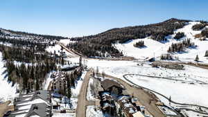 Snowy aerial view featuring a mountain view