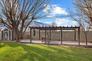 View of yard with a patio, a storage unit, and a pergola