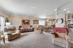 Living room with carpet, ceiling fan, and ornamental molding