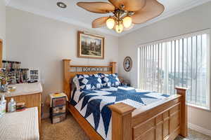 Bedroom with ceiling fan, light colored carpet, and multiple windows