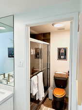 Bathroom featuring tile patterned flooring, vanity, and walk in shower