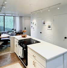 Kitchen with white cabinetry and range with electric stovetop