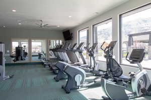 Exercise room with carpet and ceiling fan