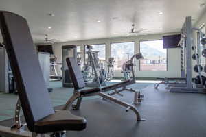 Exercise room featuring ceiling fan