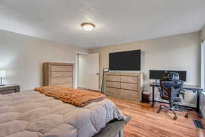 Bedroom featuring light hardwood / wood-style floors and a textured ceiling