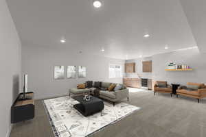 Living area featuring wine cooler, light carpet, baseboards, and recessed lighting