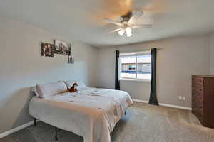 Carpeted bedroom featuring ceiling fan