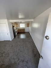 Kitchen with stainless steel fridge, sink, dark carpet, and a baseboard radiator