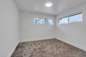 Unfurnished room with carpet floors and a textured ceiling