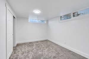 Basement featuring light colored carpet